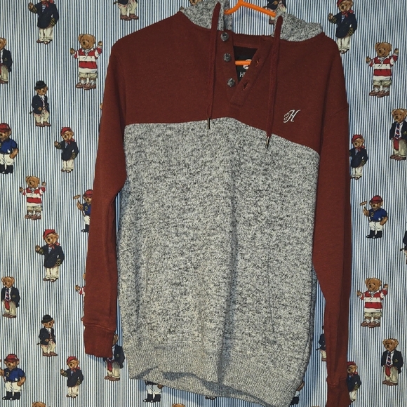 Hooey Men Jimmy Hooded Henley Sweatshirt Maroon Heather Gray Small - Picture 1 of 13